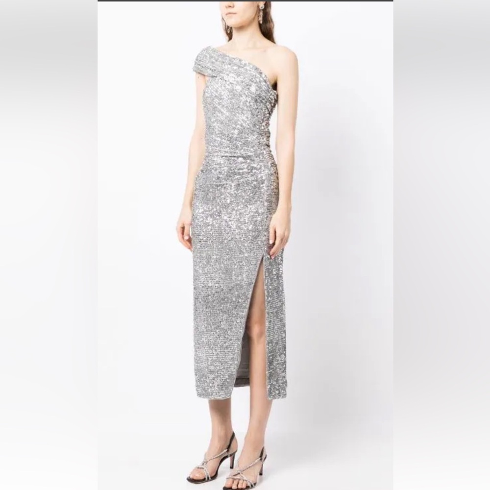 New JONATHAN SIMKHAI Zay Silver Sequin Bustier midi cocktail dress